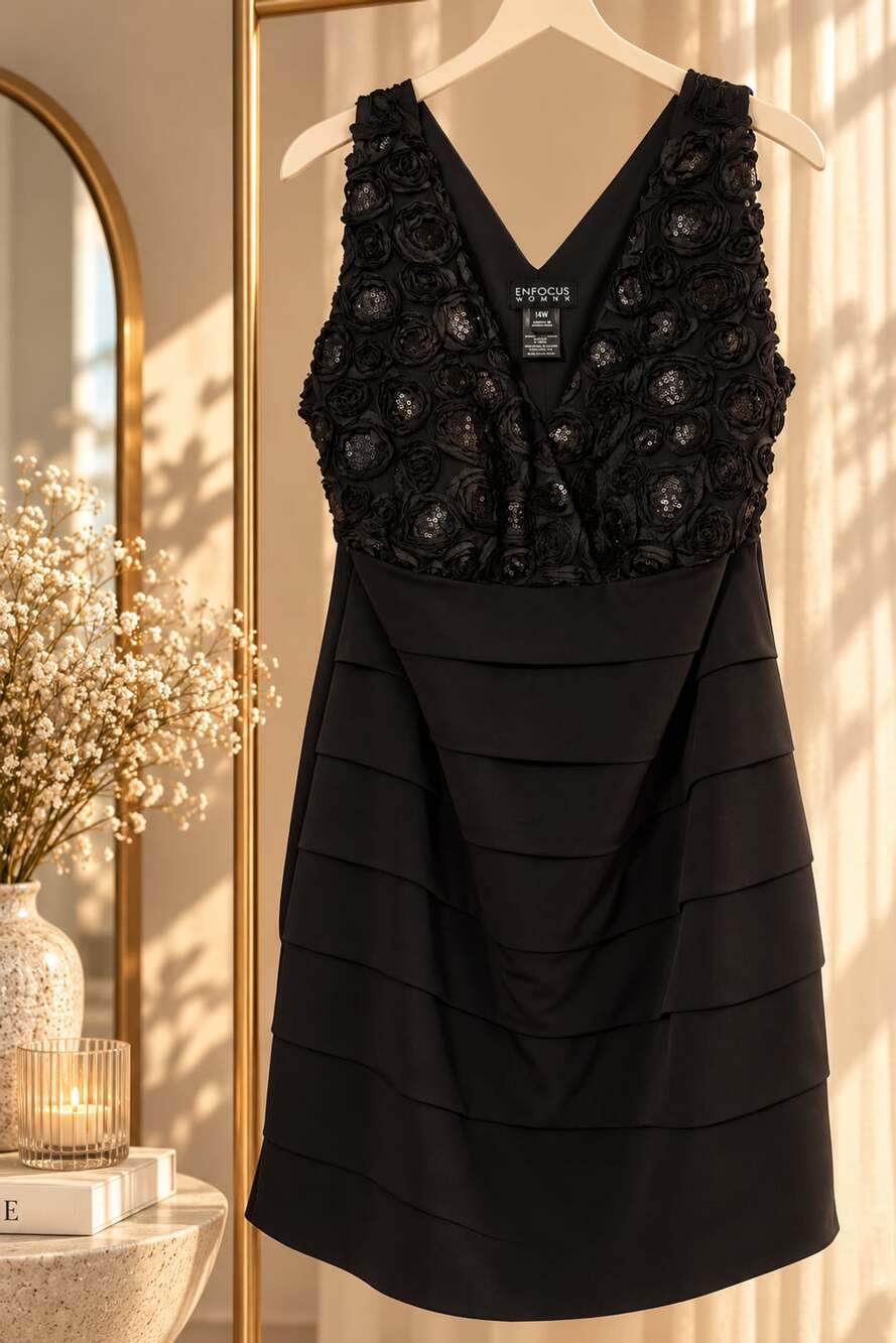 Enfocus Women Black Rose Sequin V-Neck Ruffle Dress Size 14W